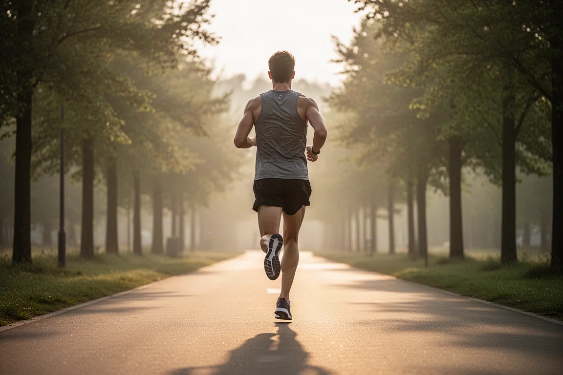Runner lacing up a lightweight running shoe on a sunlit path
