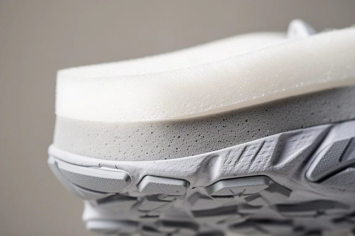 Close-up of a dual-density foam midsole showing soft and firm layers