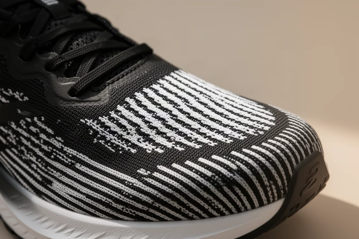 Breathable running shoe upper with gusseted tongue viewed from above