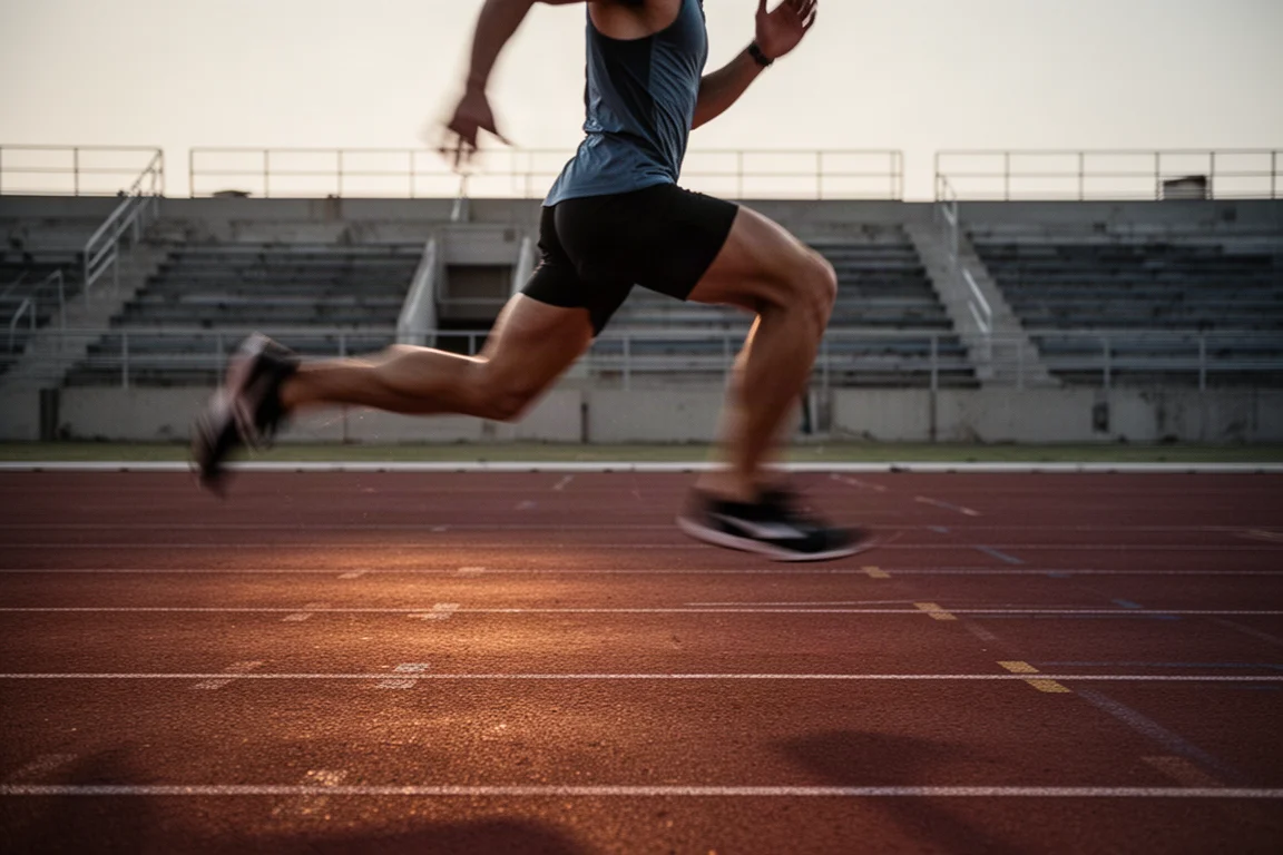 Runner on a sandy beach path at golden hour with ocean in background