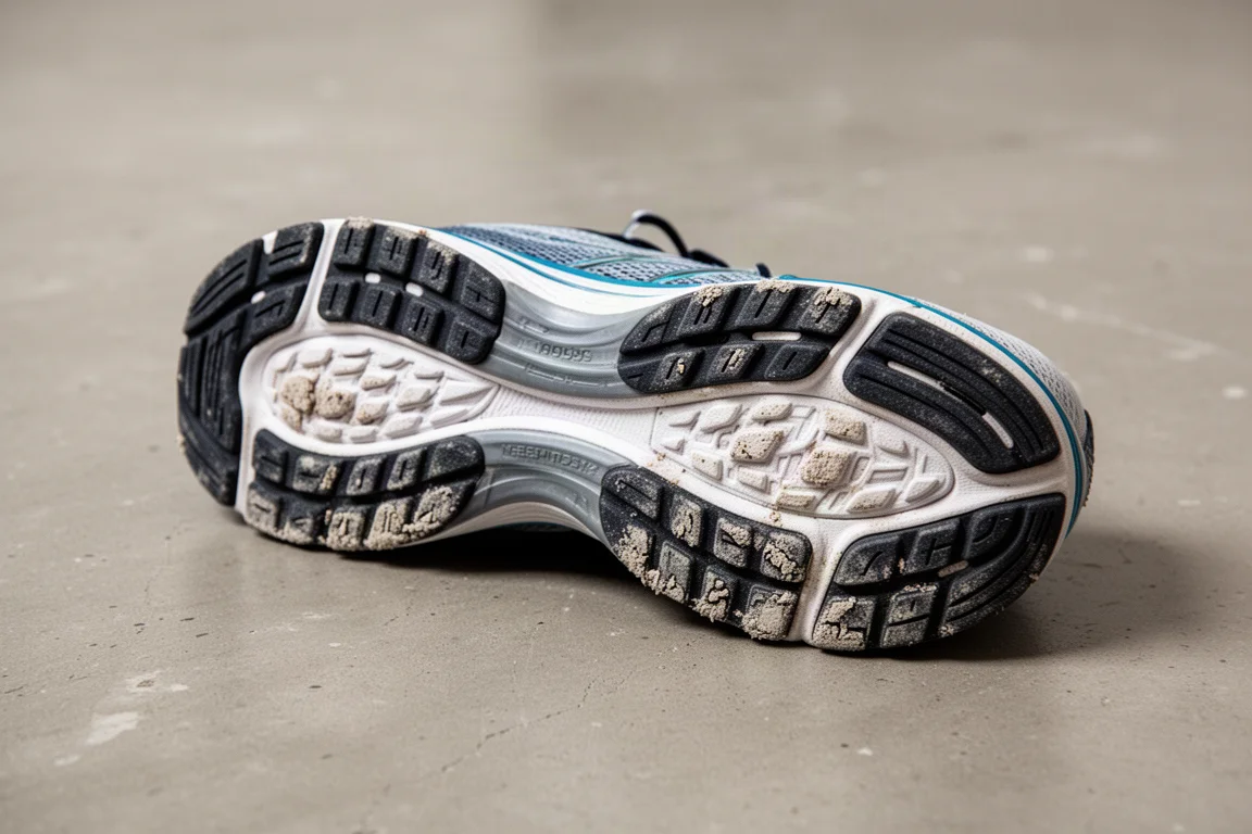 Sole of a running shoe showing worn tread on the heel area