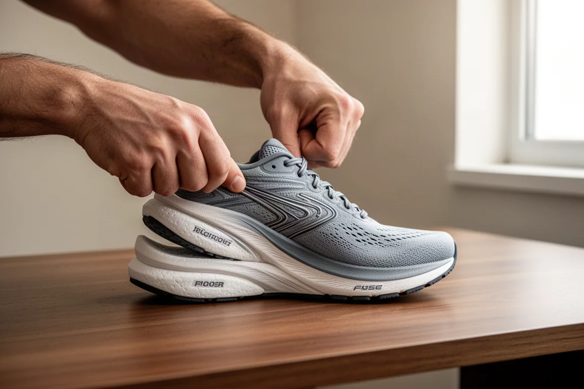 Hands gently flexing the forefoot of a running shoe