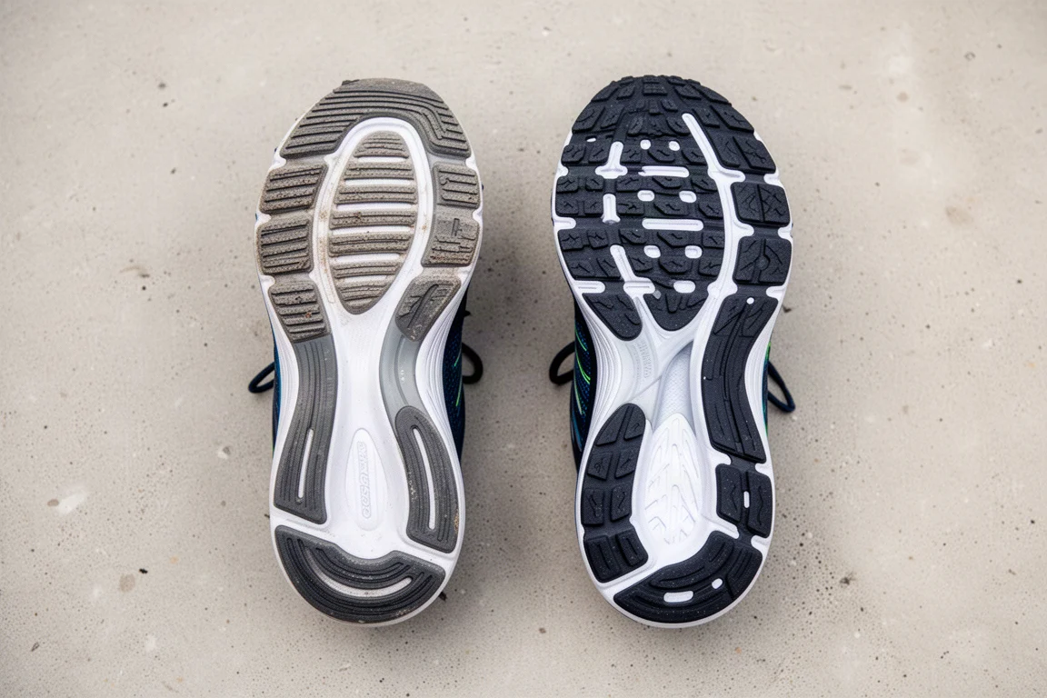 Two running shoes side by side with soles facing up for comparison