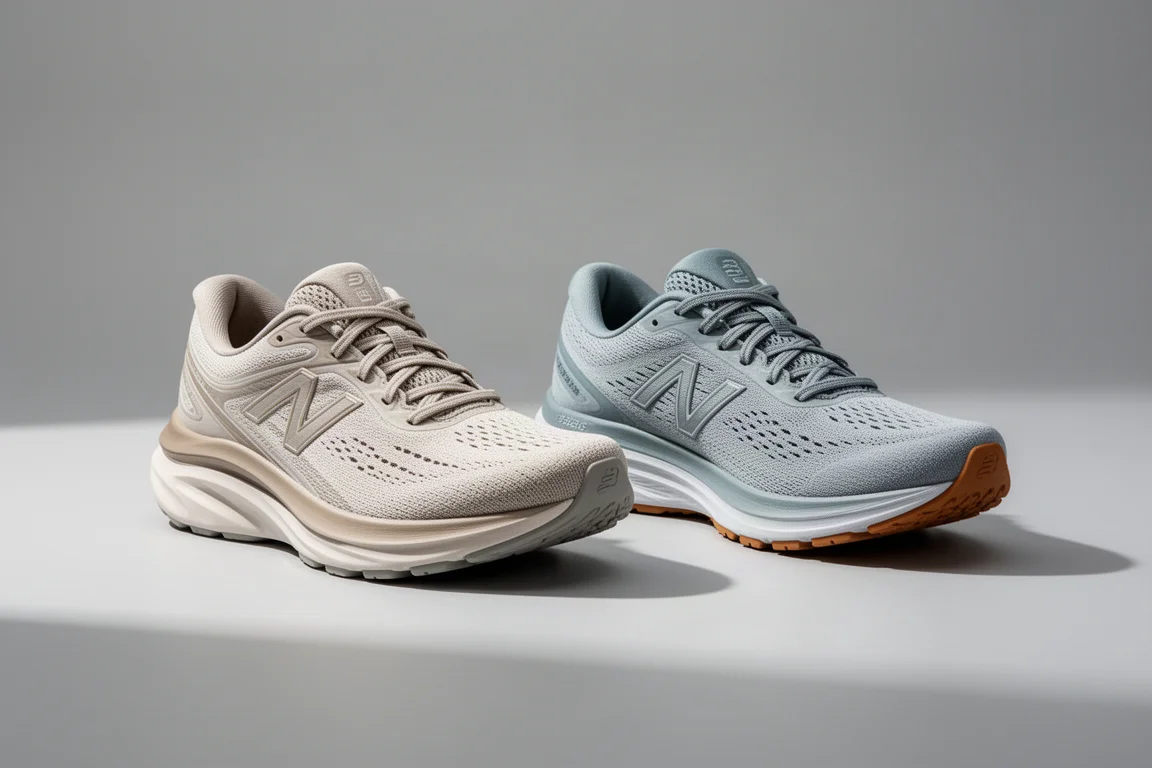Two running shoes side by side on a light grey studio surface