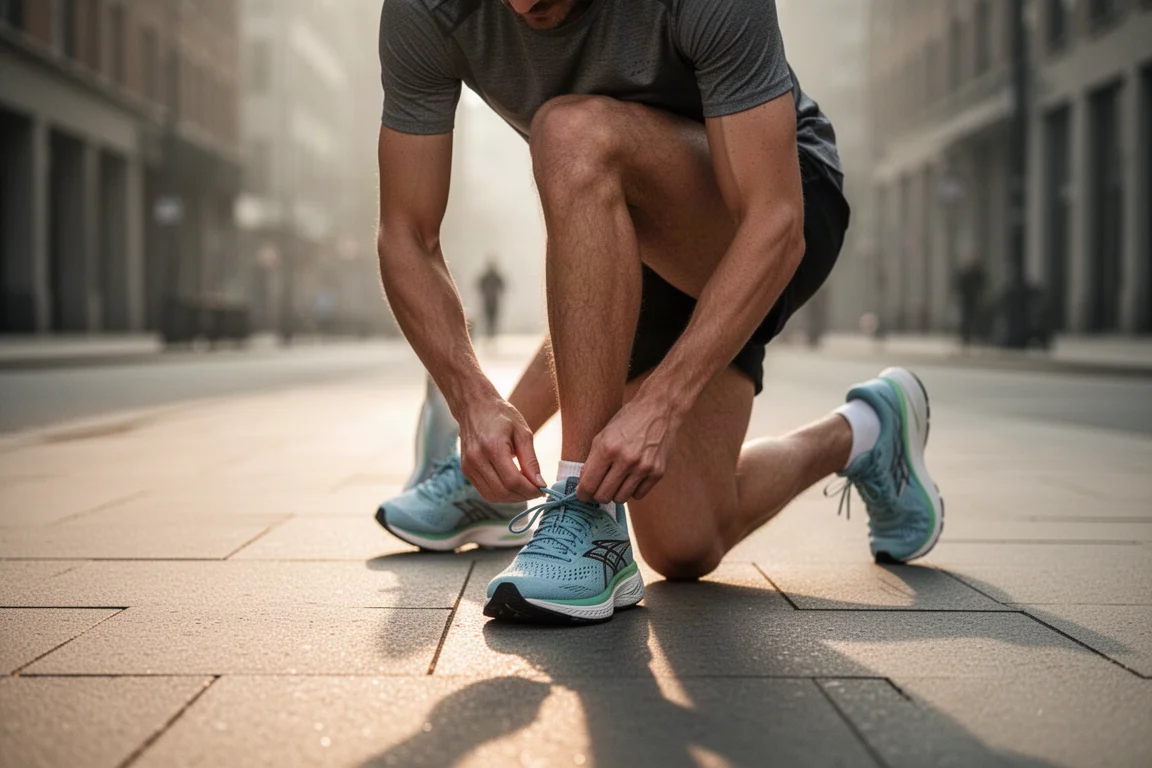 Hardloper doet veters van road running schoenen vast voor een ochtendtraining op een lege straat