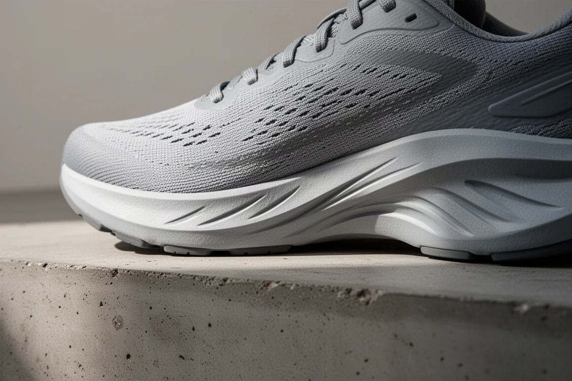 Close-up van de tussenzool van een road shoe met rocker-geometrie en voorvoetflex