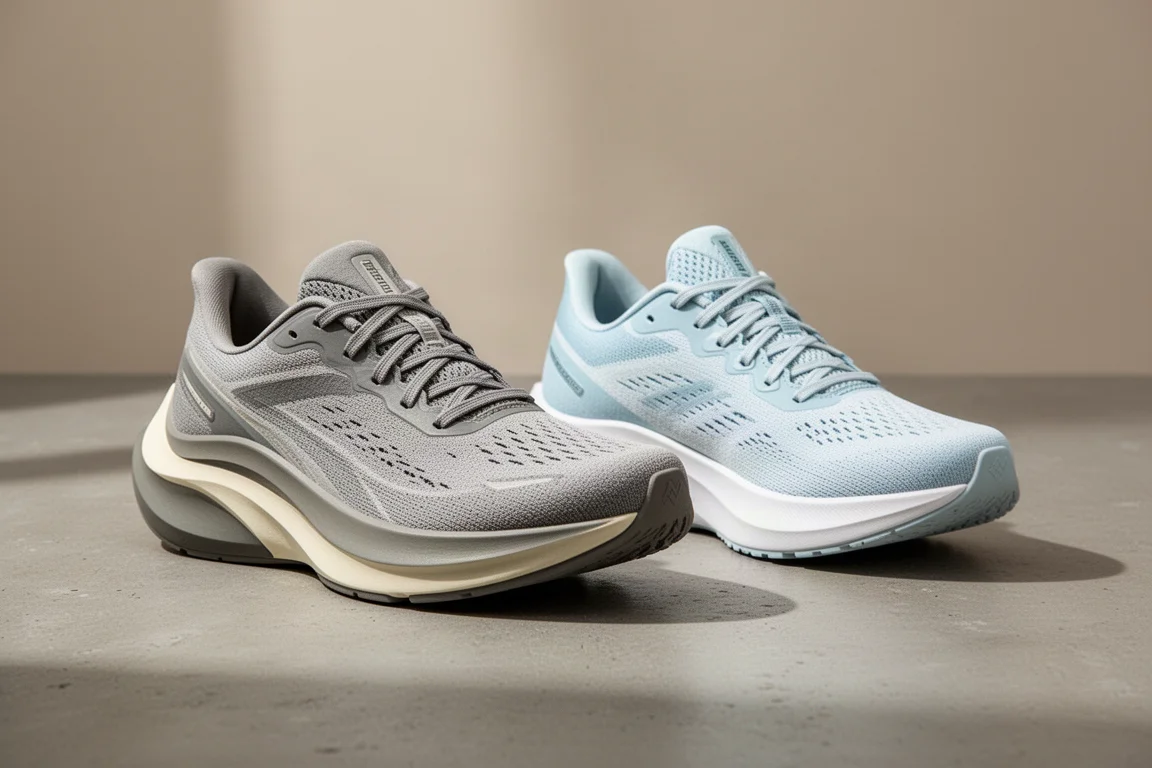 Hoka Mach 5 and ASICS Novablast 4 running shoes side by side on concrete