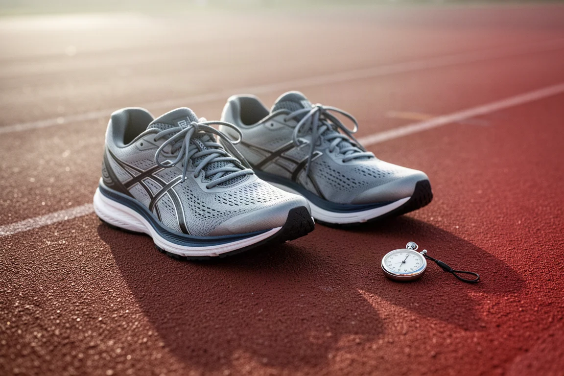 Dos zapatillas de running lado a lado en una pista de atletismo con un cronómetro cerca