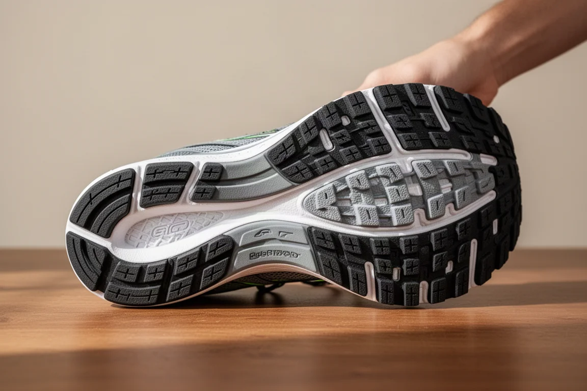 Suela de una zapatilla de running mostrando la cobertura de goma y el patrón de agarre