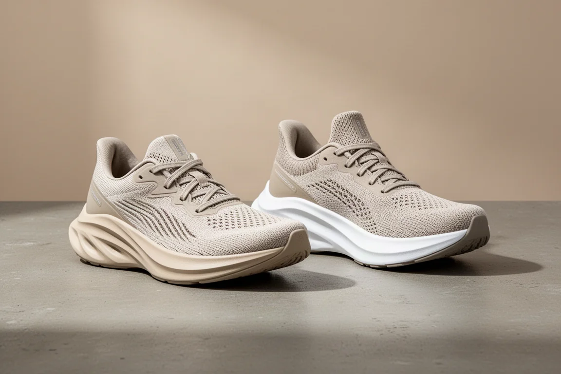 Hoka Mach 5 and New Balance 1080 v12 running shoes side by side on concrete