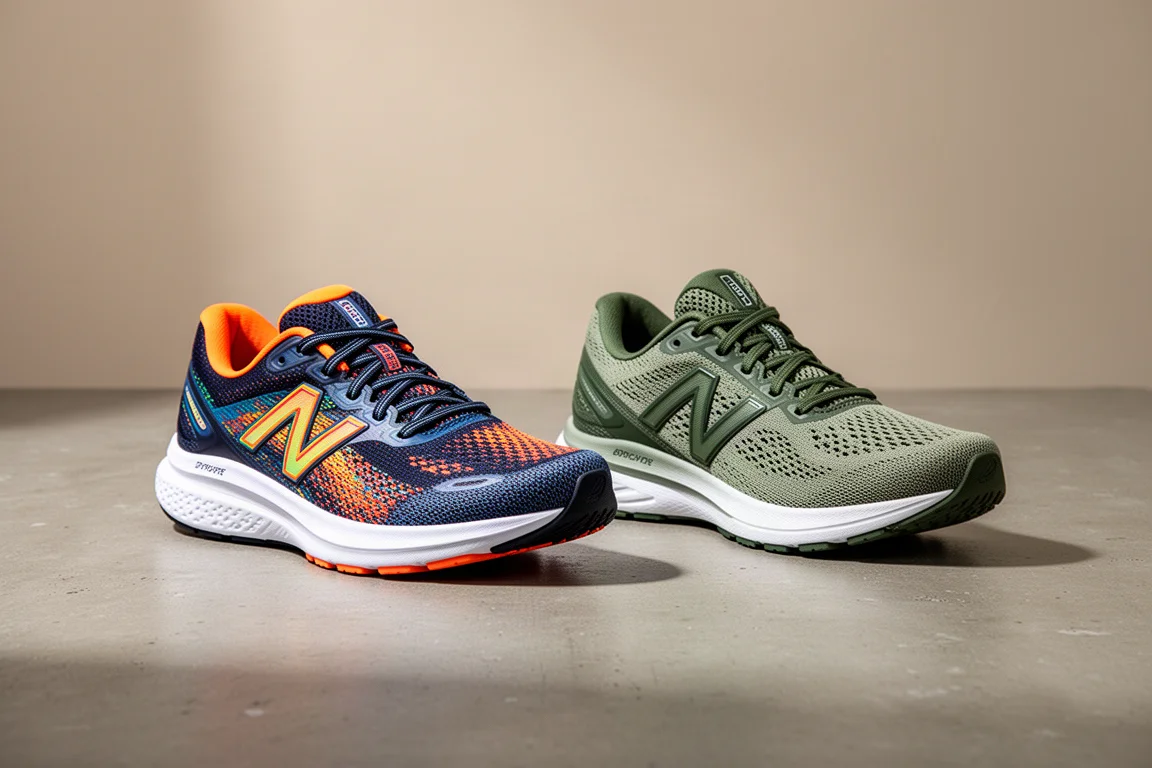 Hoka Mach 5 and New Balance FuelCell Rebel v3 running shoes side by side on concrete