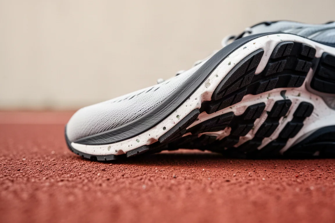 ラバーの覆いが少ないランニングシューズのアウトソールがトラック表面に置かれている