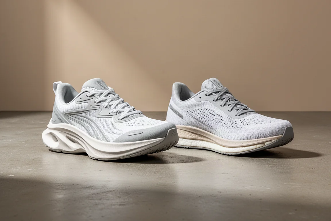 Hoka Mach 5 and New Balance Rebel v3 running shoes side by side on concrete