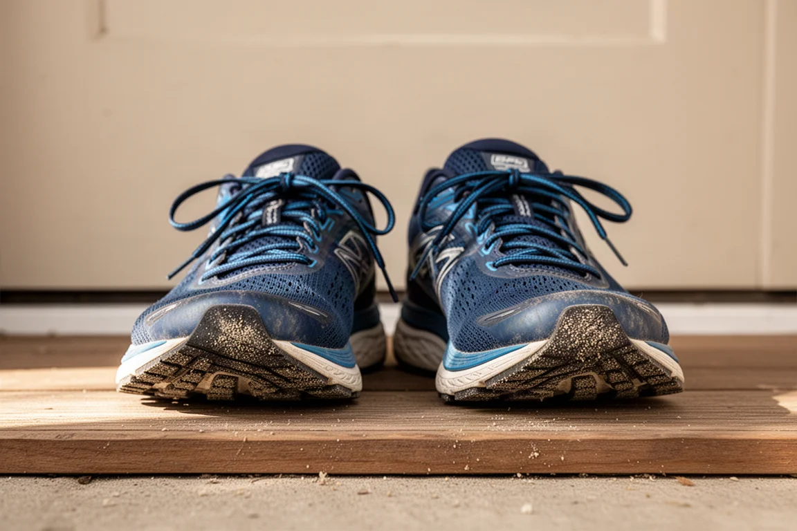 Twee hardloopschoenen naast elkaar op een drempel na een trainingssessie