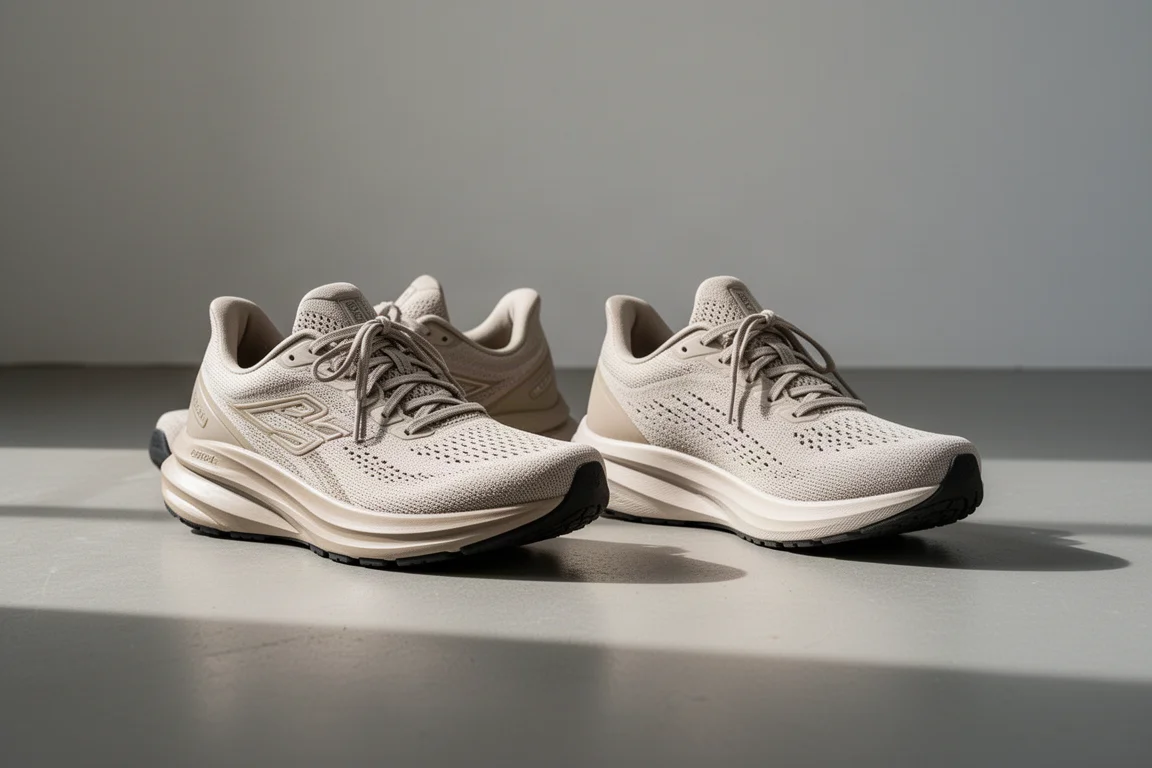 Dos zapatillas de running neutras lado a lado sobre el suelo de un estudio