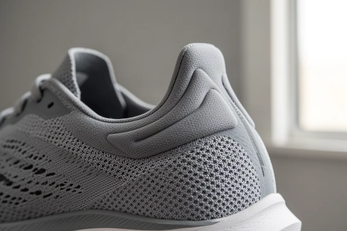Primer plano del upper de una zapatilla de running mostrando el detalle del collar del talón