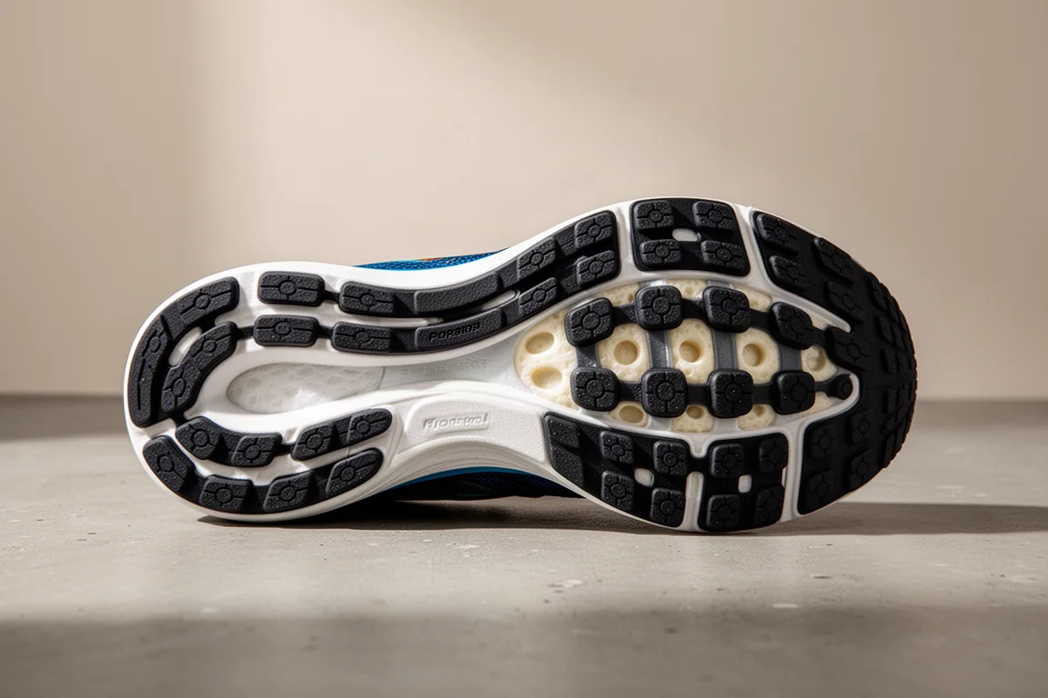 Suela exterior de una zapatilla de running mostrando la cobertura de caucho bajo el talón
