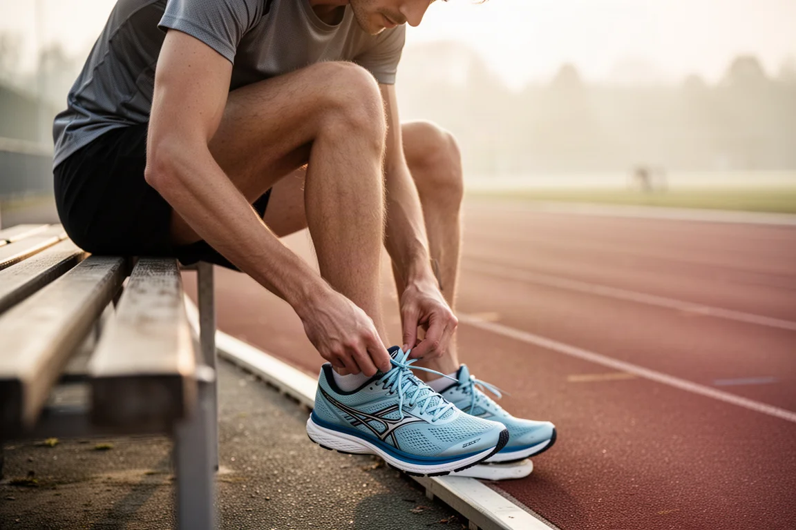 Corredor atándose las zapatillas de running antes de un entrenamiento en pista