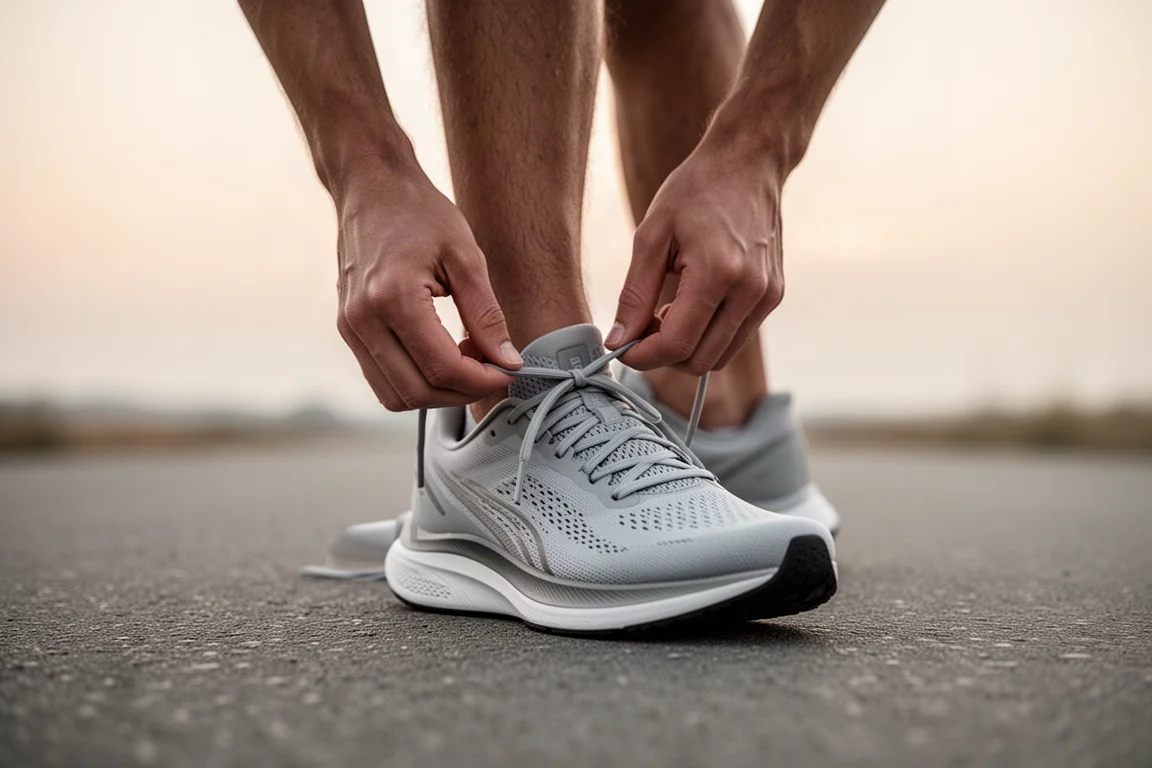 Hardloper die de veters van een dagelijkse trainingsschoen strikt voor een rustige looptraining