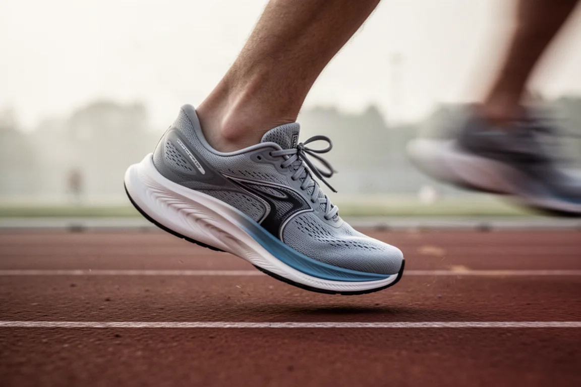 Tussenzool van een hardloopschoen die buigt op een atletiekbaan tijdens een snelle intervaltraining