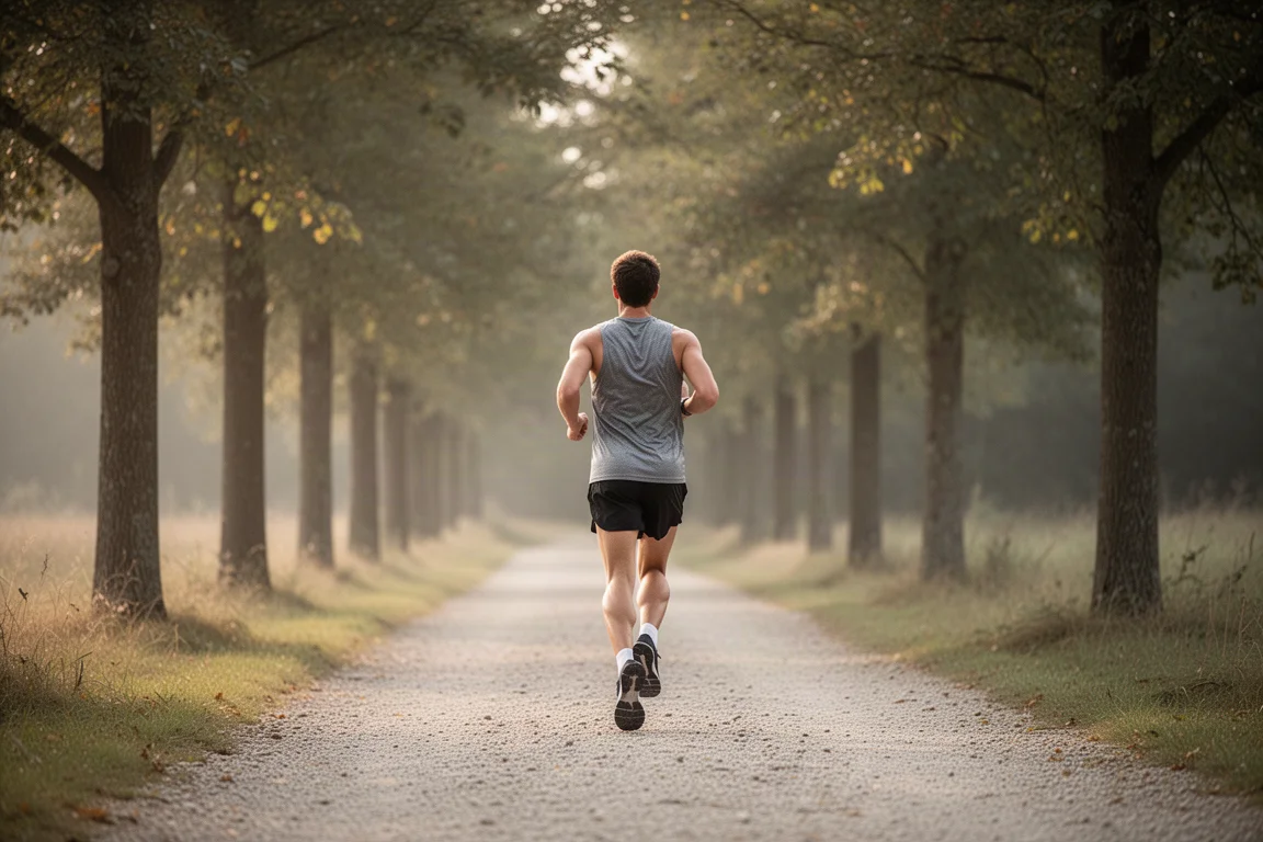 Hardloper op een rustige herstelrun langs een met bomen omzoomd pad
