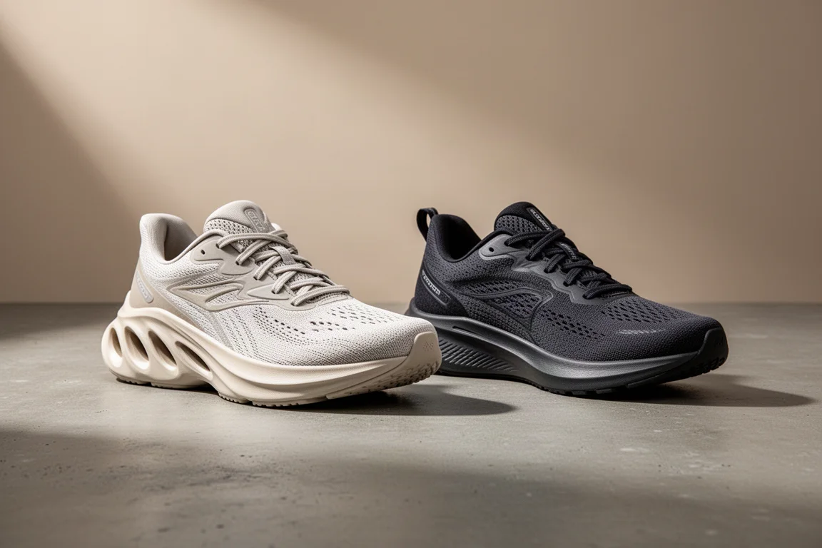 Two running shoes side by side on a matte concrete surface
