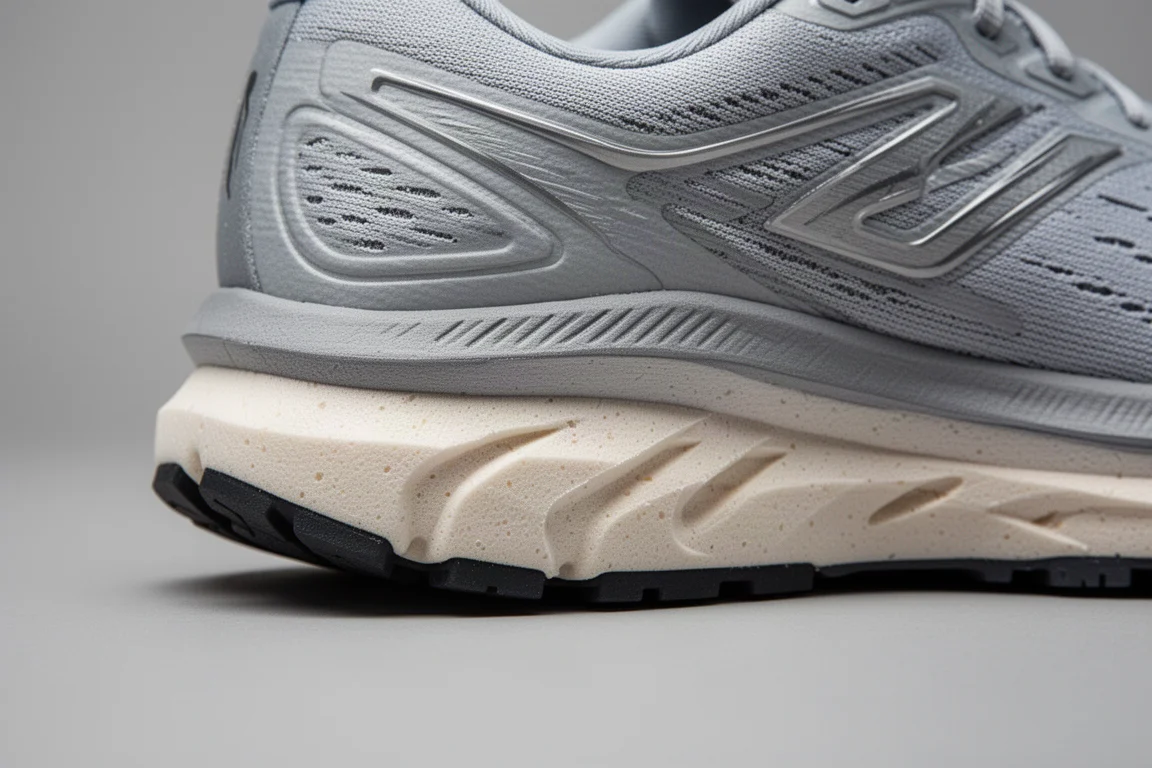 Close da entressola de um tênis de corrida leve mostrando a construção em camadas de espuma