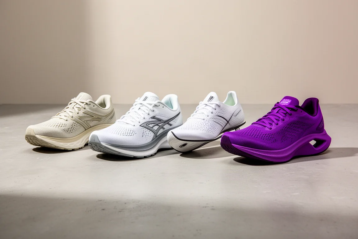 Four running shoes lined up on a concrete surface for comparison