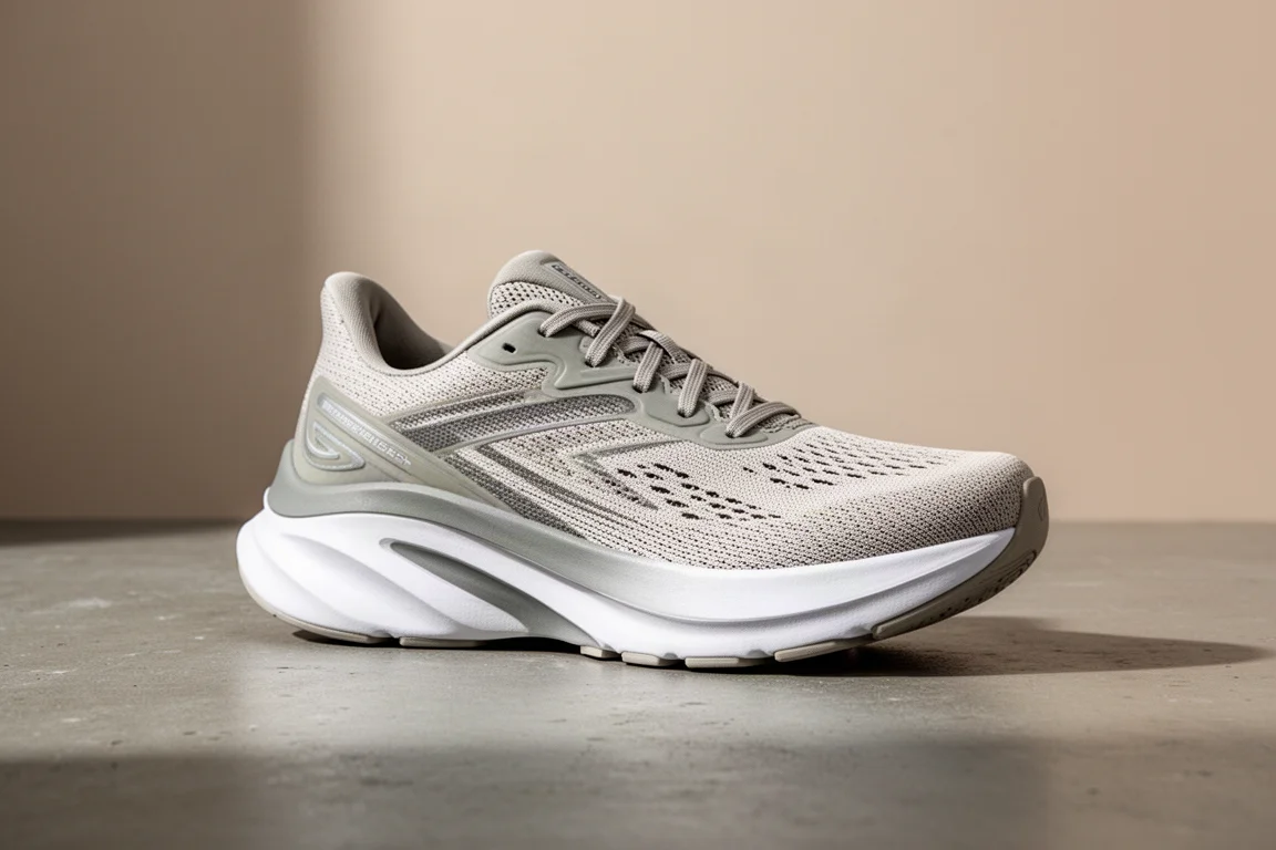 Hoka Mach 6 running shoe with thick rocker midsole on concrete surface