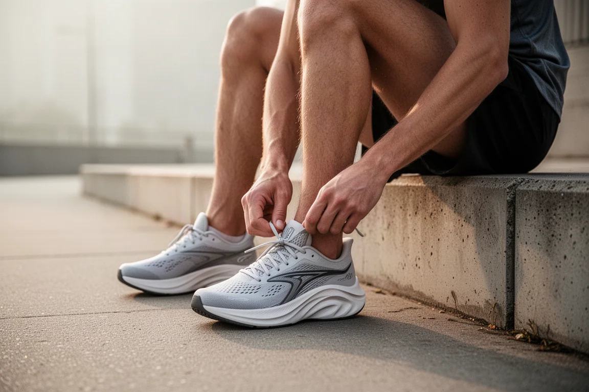 Läufer schnürt vor einem Tempolauf auf stillen Straßen einen leichten Laufschuh