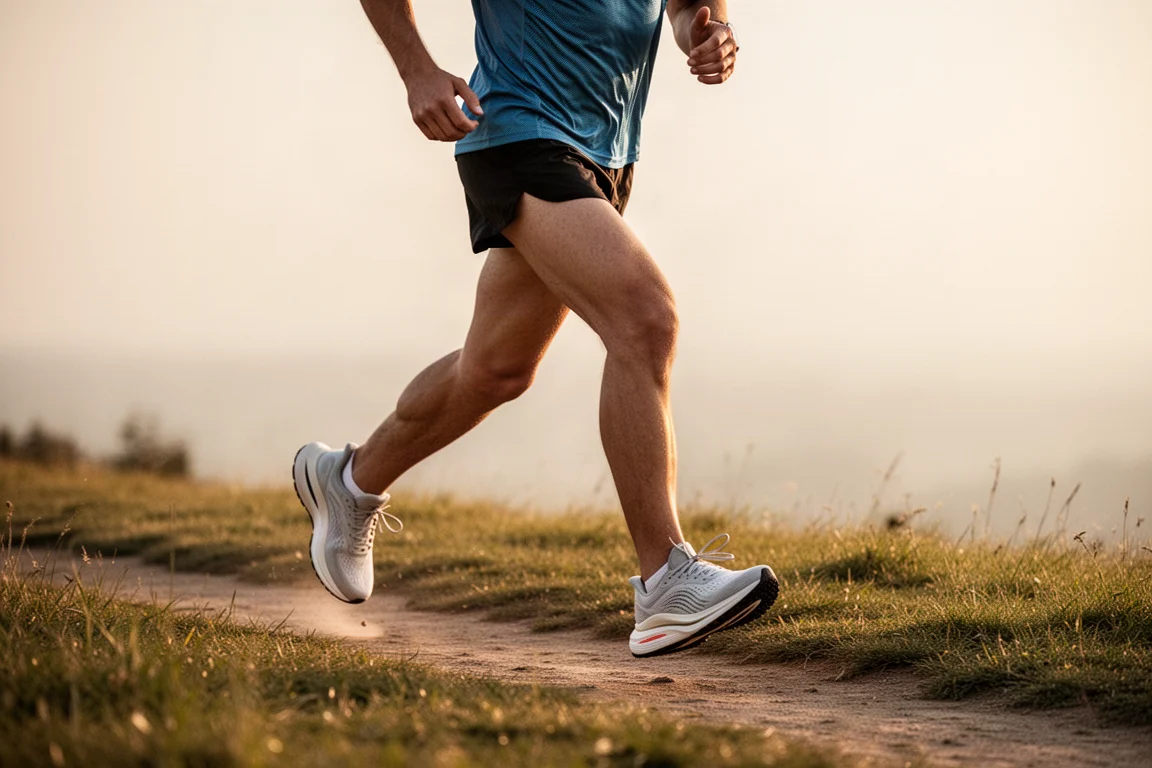 Läufer beim lockeren Joggen auf weichen Trails zur goldenen Stunde