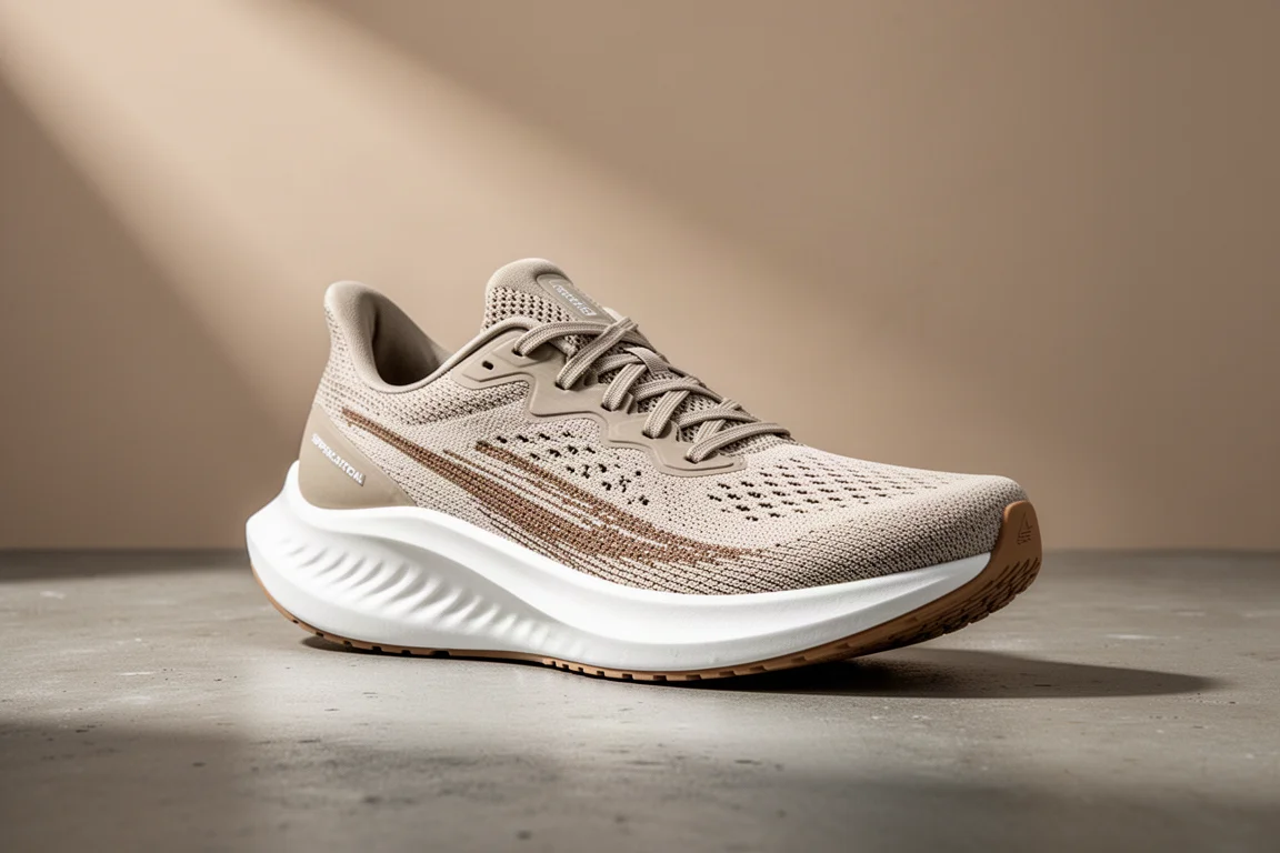 Scarpa da running Hoka Mach 6 con midsole in schiuma bianca spessa su superficie in cemento