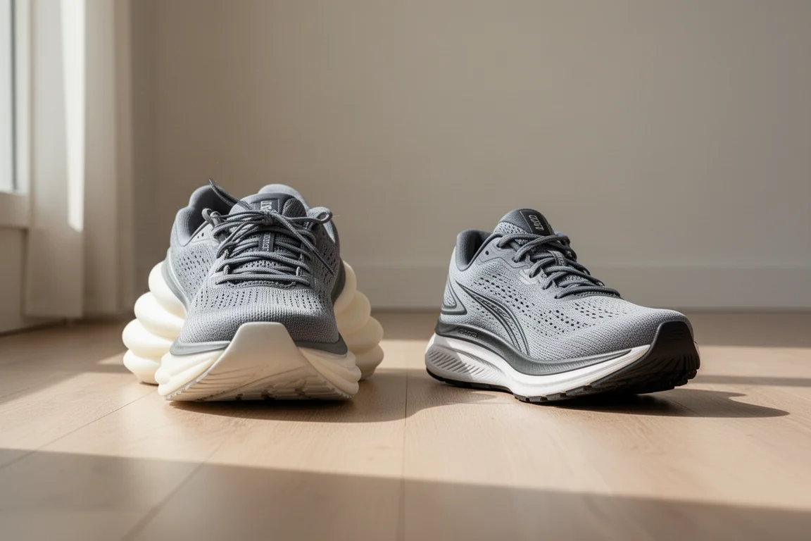 Twee hardloopschoenen naast elkaar op een houten vloer, waarvan er één duidelijk hoger en massiever is