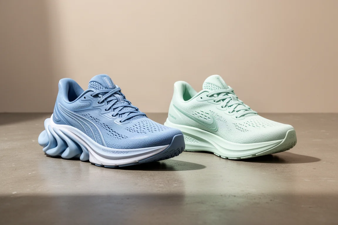 Two running shoes side by side, one tall and chunky in blue, one sleeker in pale mint green