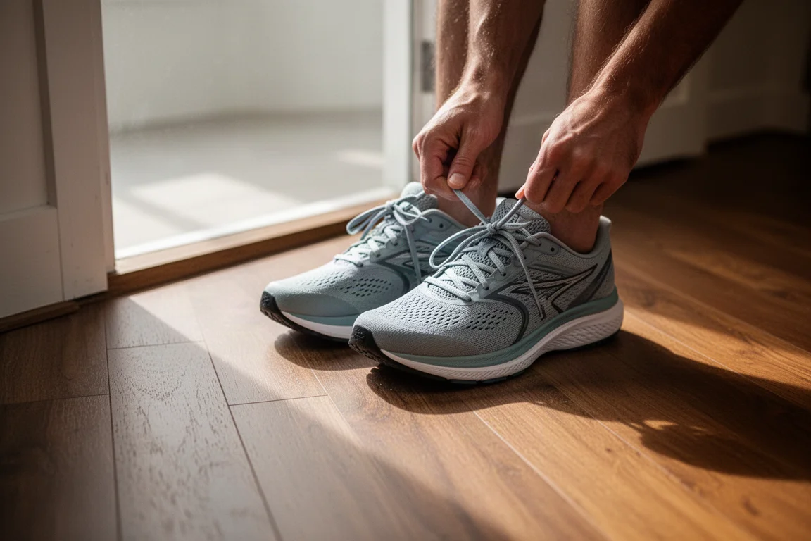 Runner lacing up a pair of lightweight running shoes on a wooden floor