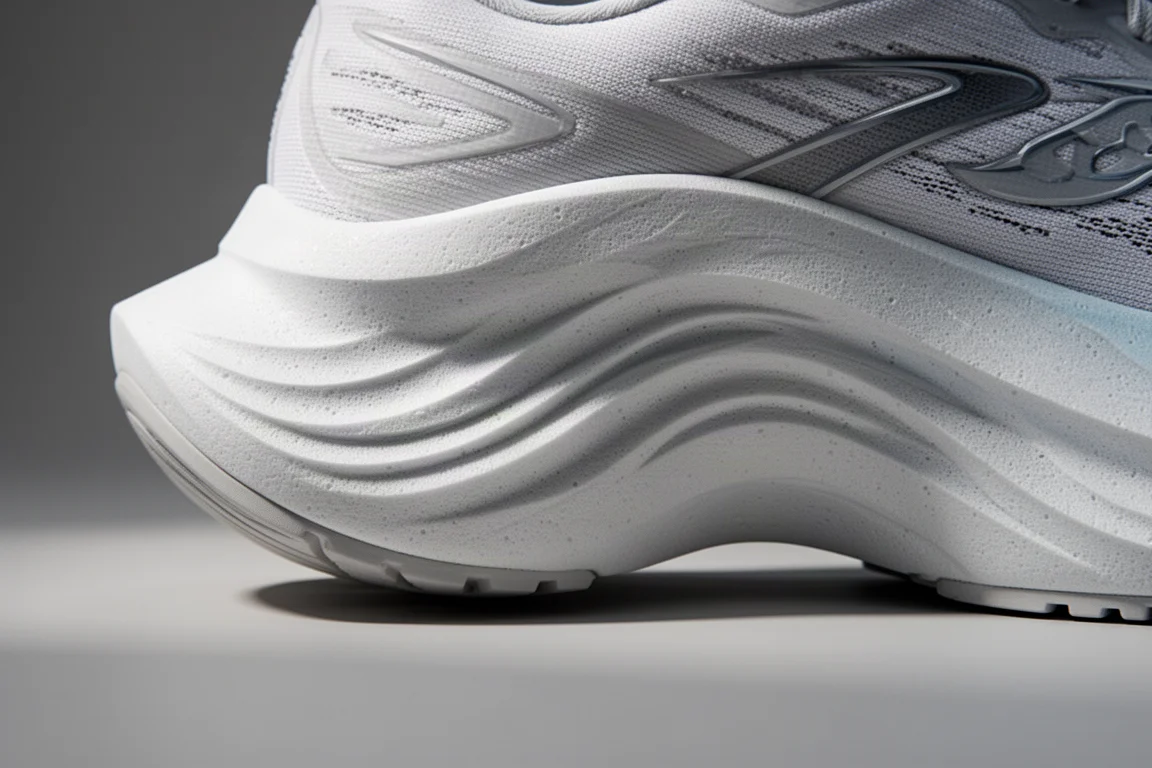 Close-up of a cushioned running shoe midsole showing foam texture