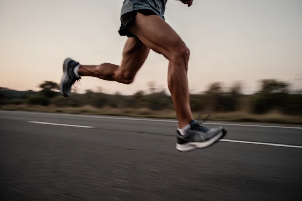 Runner moving at a faster pace on an open road at dusk