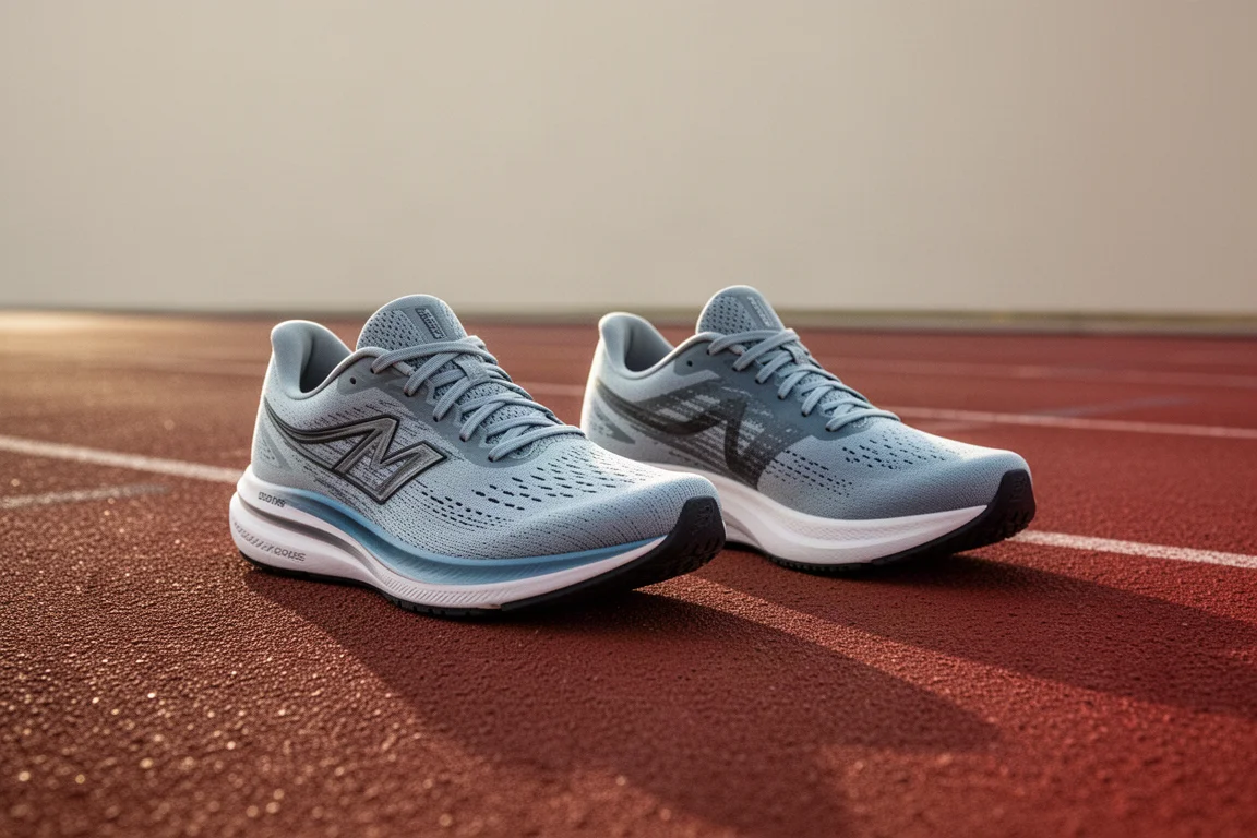 Two running shoes side by side on a track surface for comparison