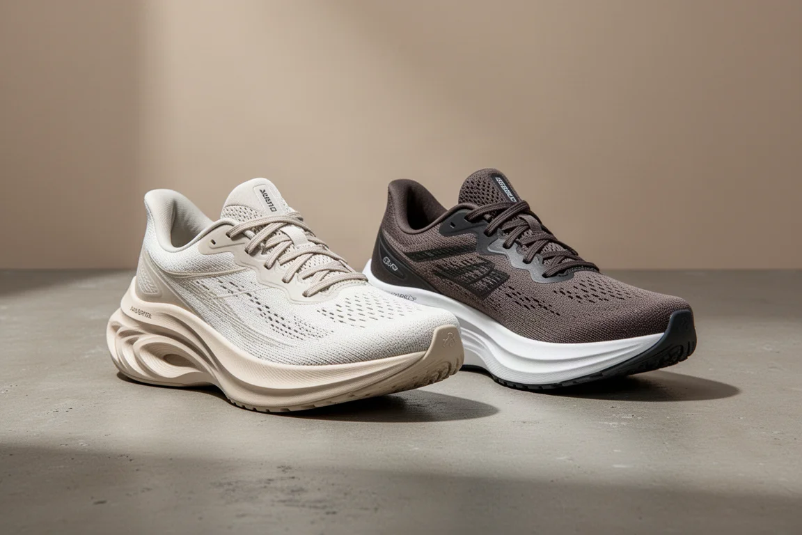 Hoka Mach 6 and New Balance Rebel V4 running shoes side by side on concrete