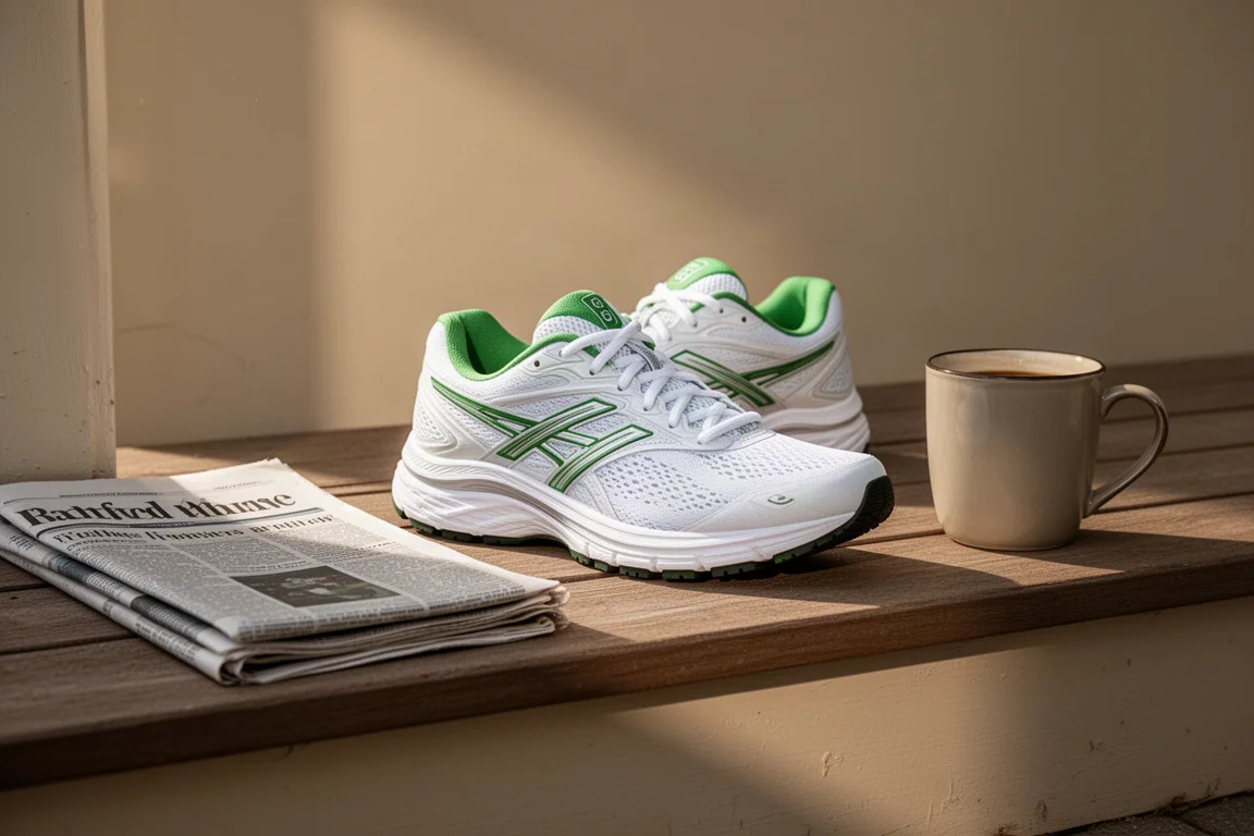 Casual white and green running sneaker styled as an everyday shoe