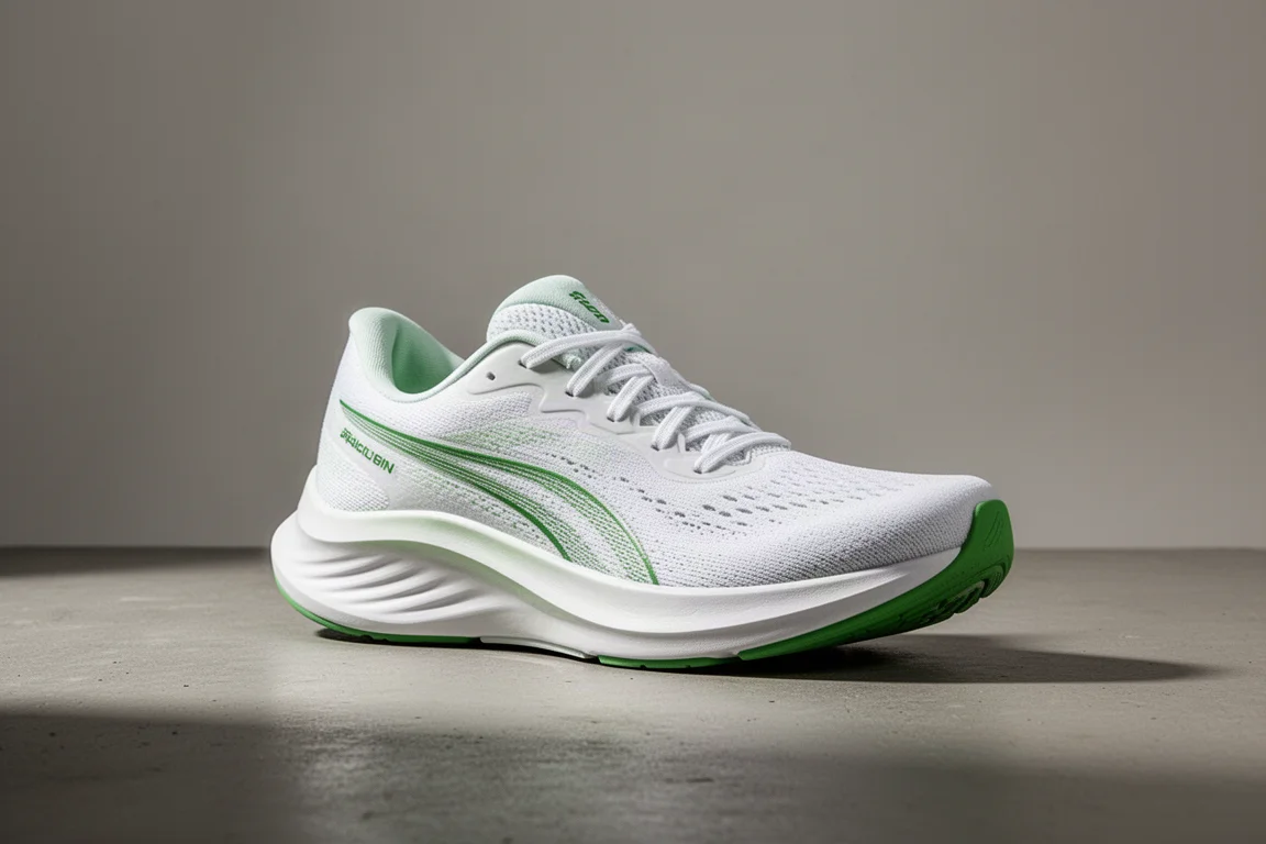 White and green Hoka Mach 7 running shoe on a neutral grey backdrop