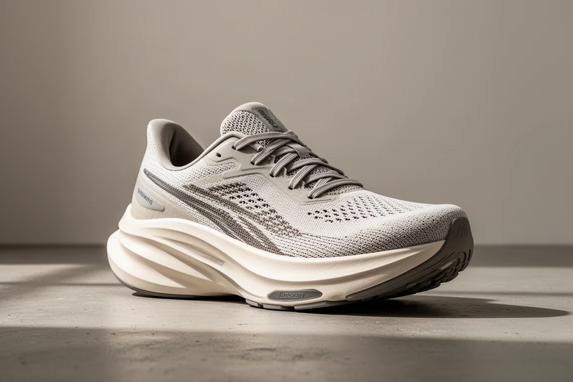 Hoka Mach 7 路跑鞋,高厚度的泡棉中底踩踏在水泥地面上