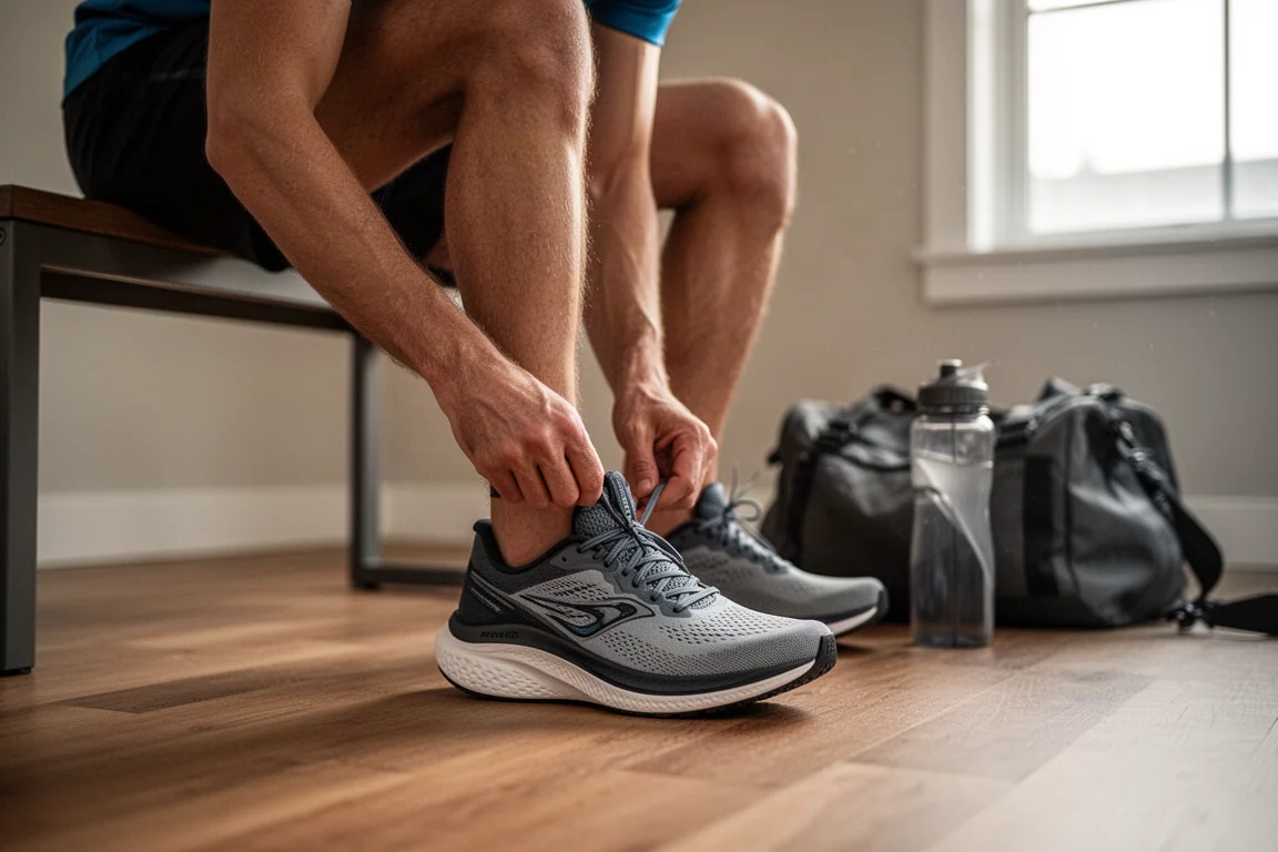 Un runner allaccia la Hoka Mach Supersonic prima di un allenamento al mattino presto