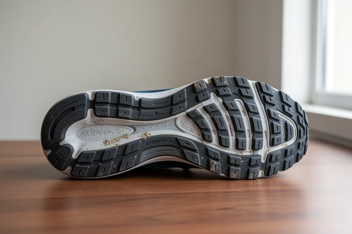 Suola di una scarpa da running con un pattern di usura del battistrada gommato