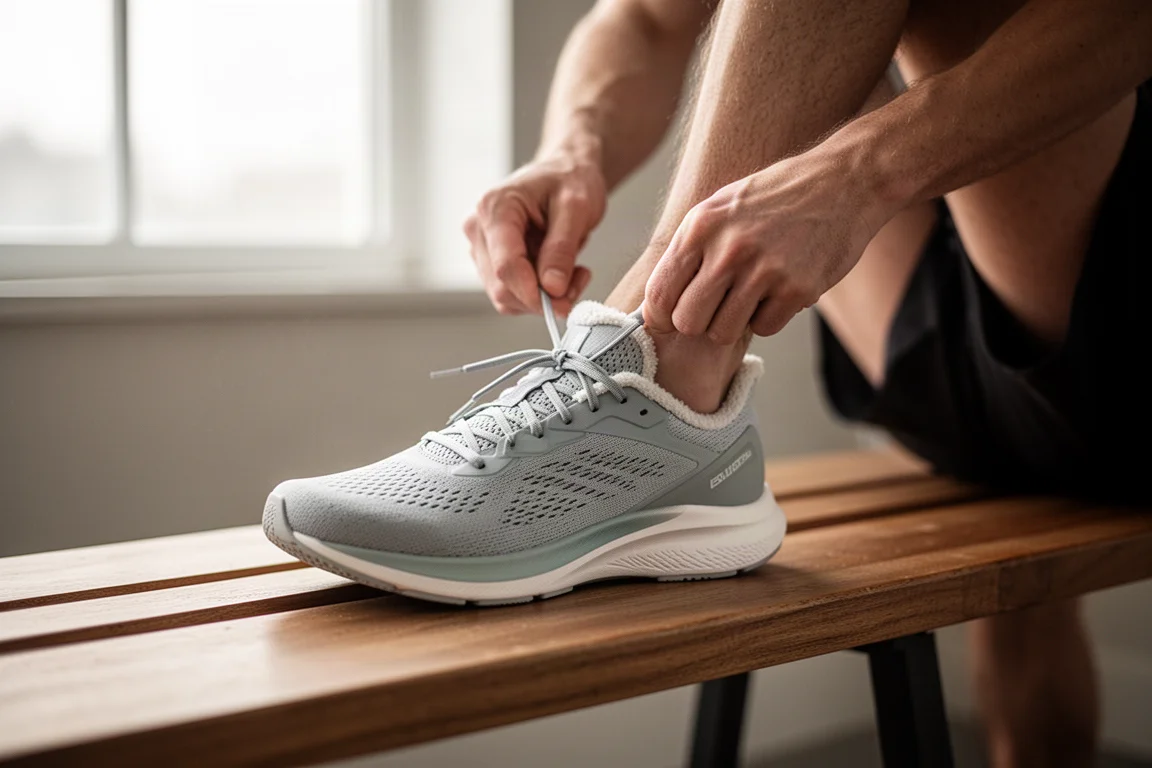 Un corridore allaccia le scarpe di unAllenatore leggero da tutti i giorni prima della corsa mattutina