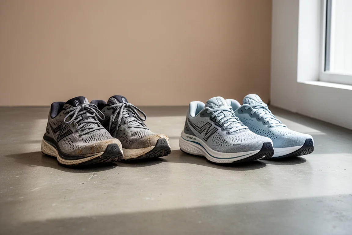 Due scarpe da corsa affiancate su una superficie da studio per un confronto