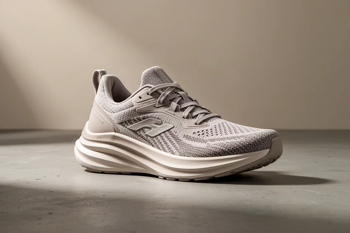 Pair of lightweight Hoka-style running shoes with thick midsole on concrete surface