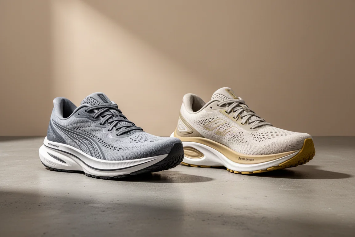 Two Hoka running shoes side by side on a concrete surface