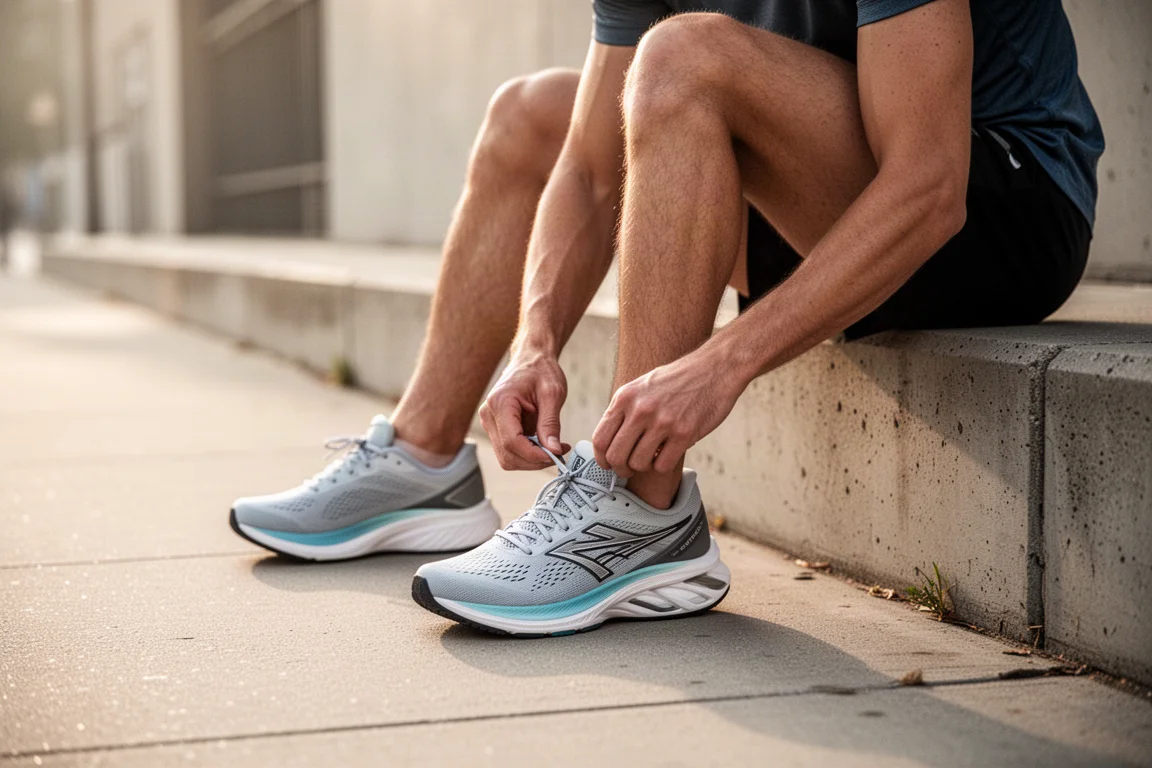 Läufer schnürt einen leichten Performance-Laufschuh auf einem Stadtgehweg
