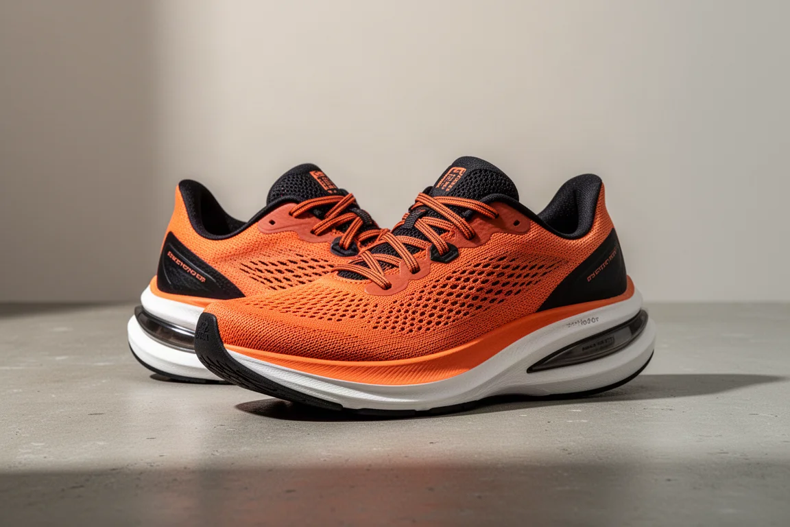 Pair of lightweight plated running shoes on a concrete surface